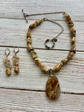 Handcrafted Yellow-Brown Jasper Pendant Necklace and Earrings Set 925